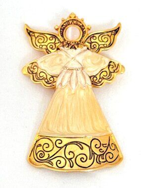 Angel Brooch w/Cream Swirl Enamel, Gold Tone Wings Scroll Design, Cat's Eye Face